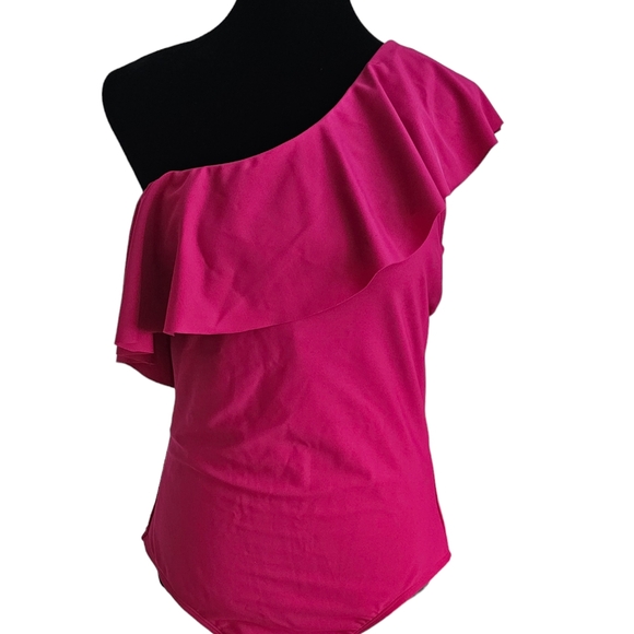 KONA SOL Women's Ruffle One Shoulder Full Coverage One Piece Swimsuit Pink L - Picture 2 of 10